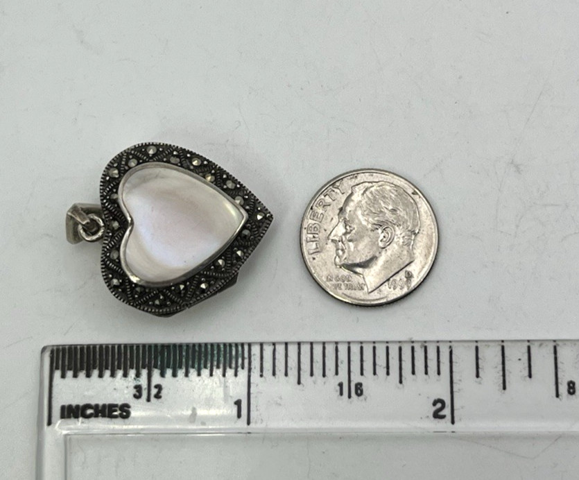 PINK MOP & MARCASITE Secret Poison Pill HEART PENDANT Solid Sterling Silver 925
