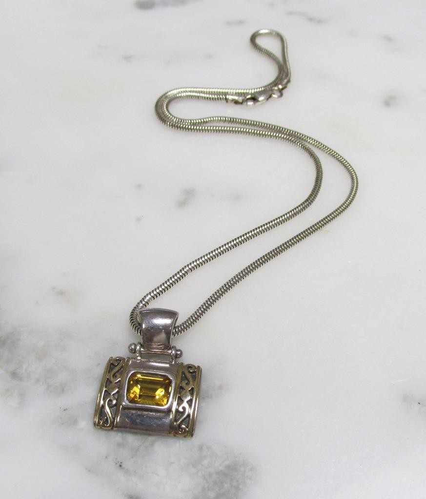 Unknown Yellow Stone Sterling Silver Pendant w/ 16″ Snake Chain ~ 12g ~ 5-K260