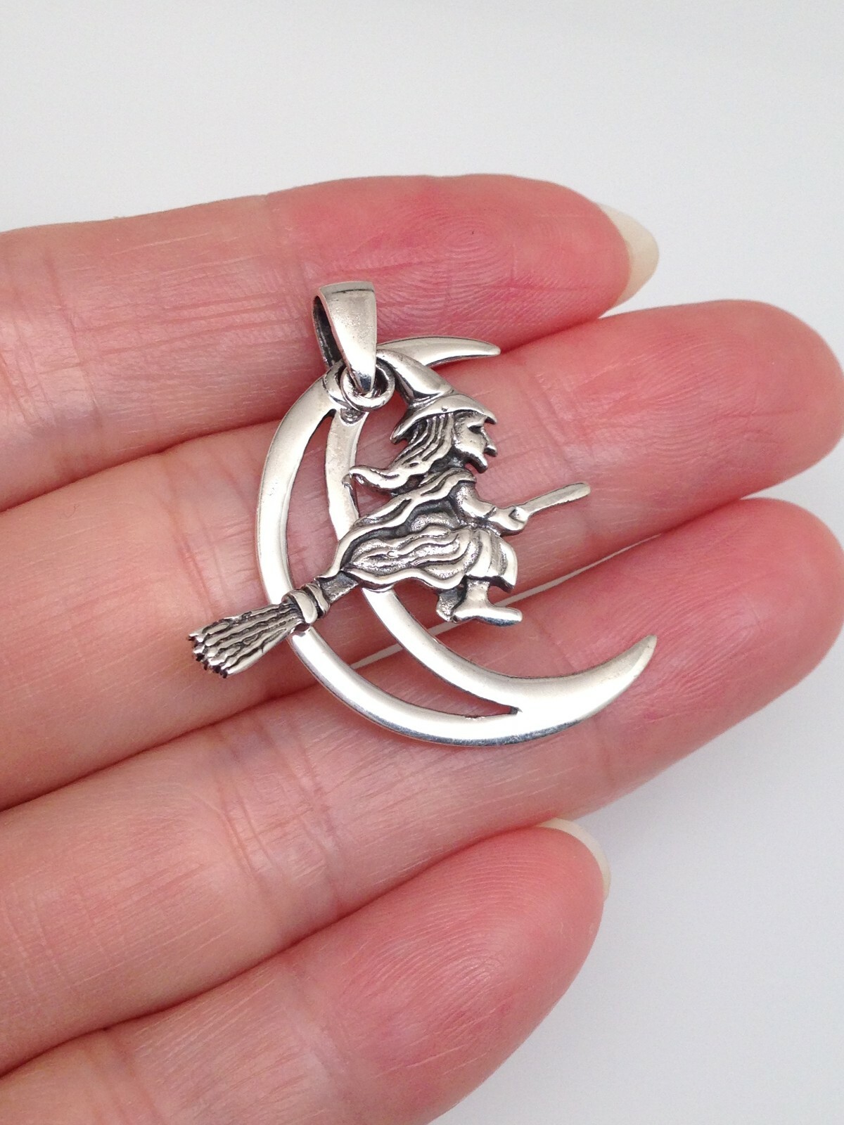 925 Sterling Silver Crescent Moon Broomstick Witch Pendant Women 26mm1.02″/31mm