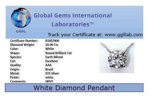 RARE 10 Ct White Diamond Solitaire Pendant Necklace-Tariff Free USA
