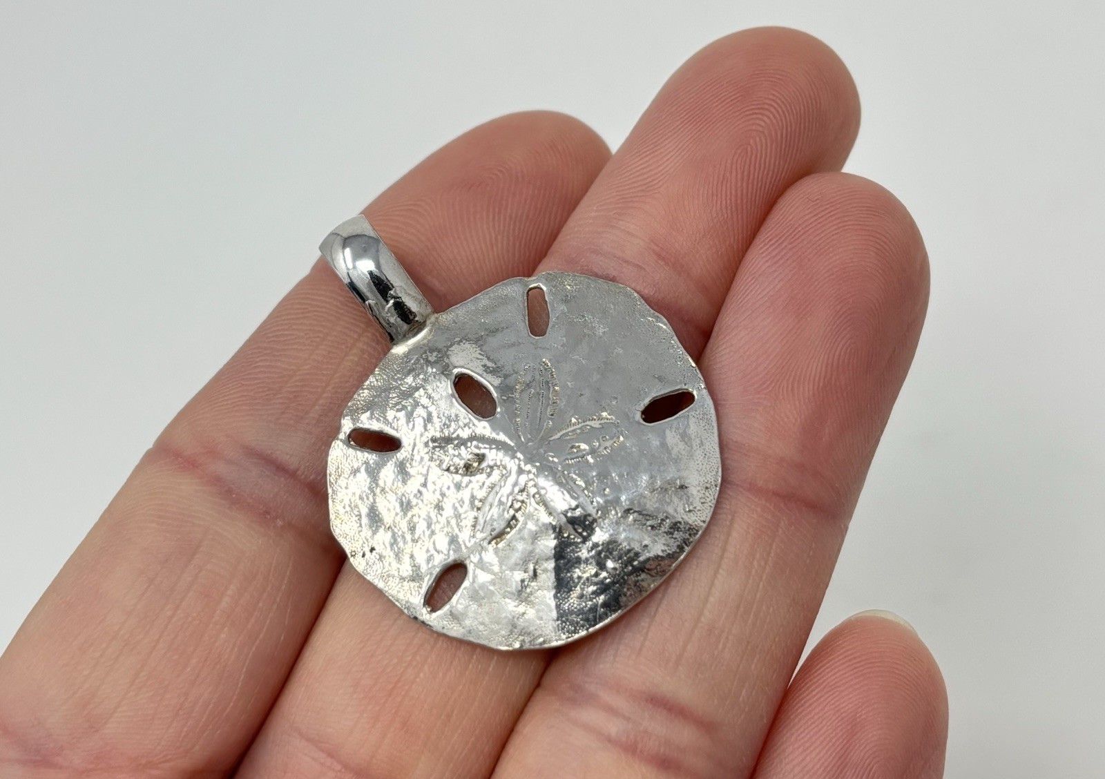 Large Sterling Silver Sand Dollar Shell Necklace Pendant Nautical Beach Theme