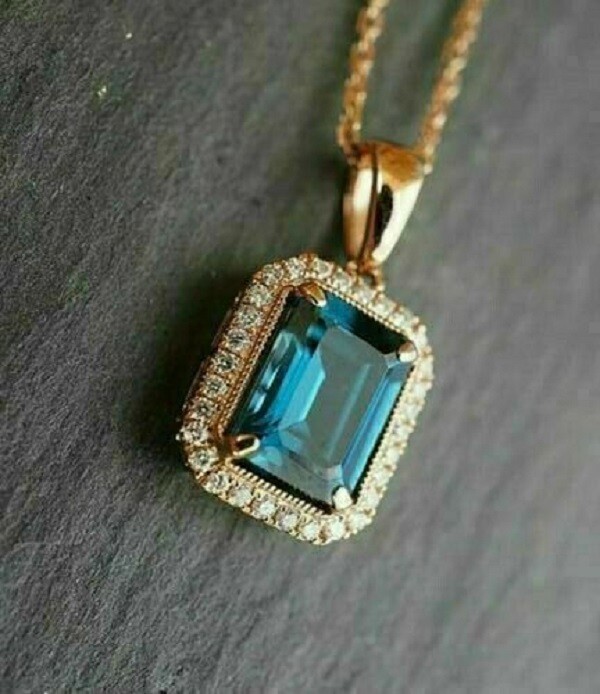 3.00Ct Emerald Cut London Blue Topaz Diamond Halo Pendant 14K Yellow Gold Finish