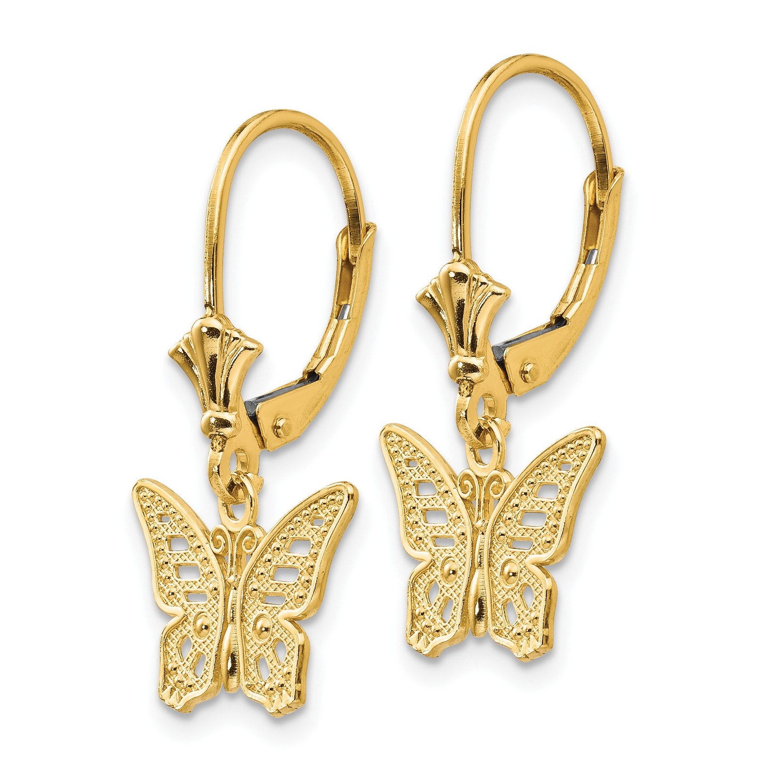 14k Yellow Gold Polished Butterfly Leverback Drop Dangle Earrings 26mm