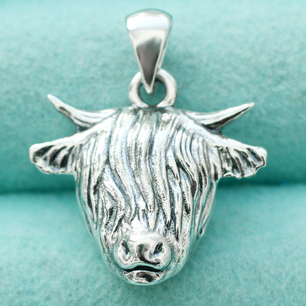 925 Sterling Silver Highland Cattle Cow Pendant Charm Farm Animal For Necklace