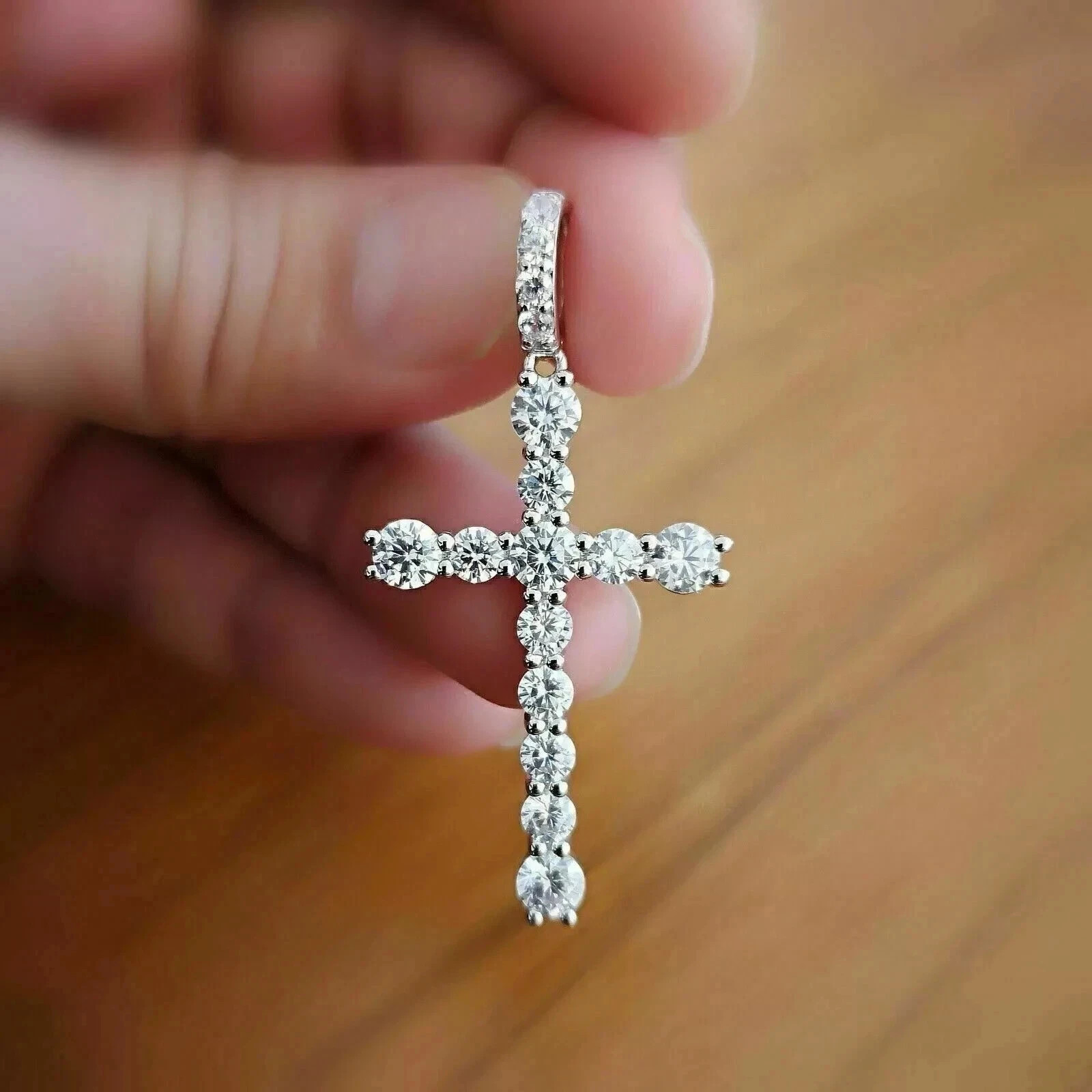 14K White Gold Plated 2Ct Round Cut White Moissanite Women’s Cross Pendant
