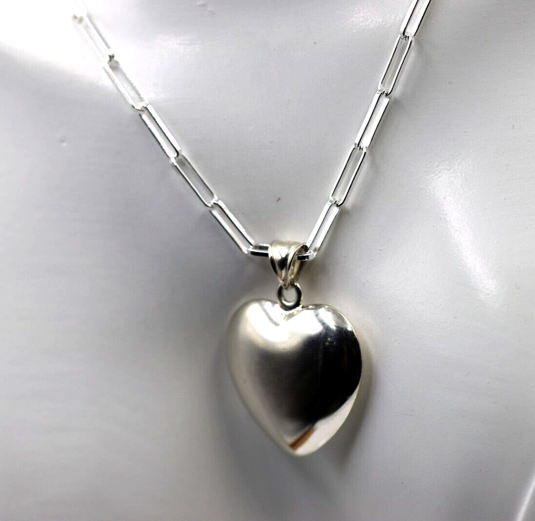 Sterling Silver 925 Paperclip 70cm Necklace + Puffy Heart Pendant -Free Post