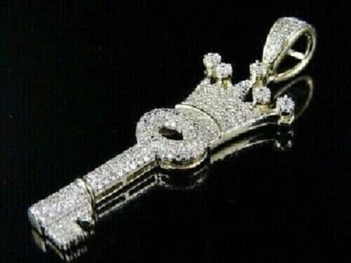 2Ct Round Cut Real Moissanite Crown Key Pendant 14K Yellow Gold Plated