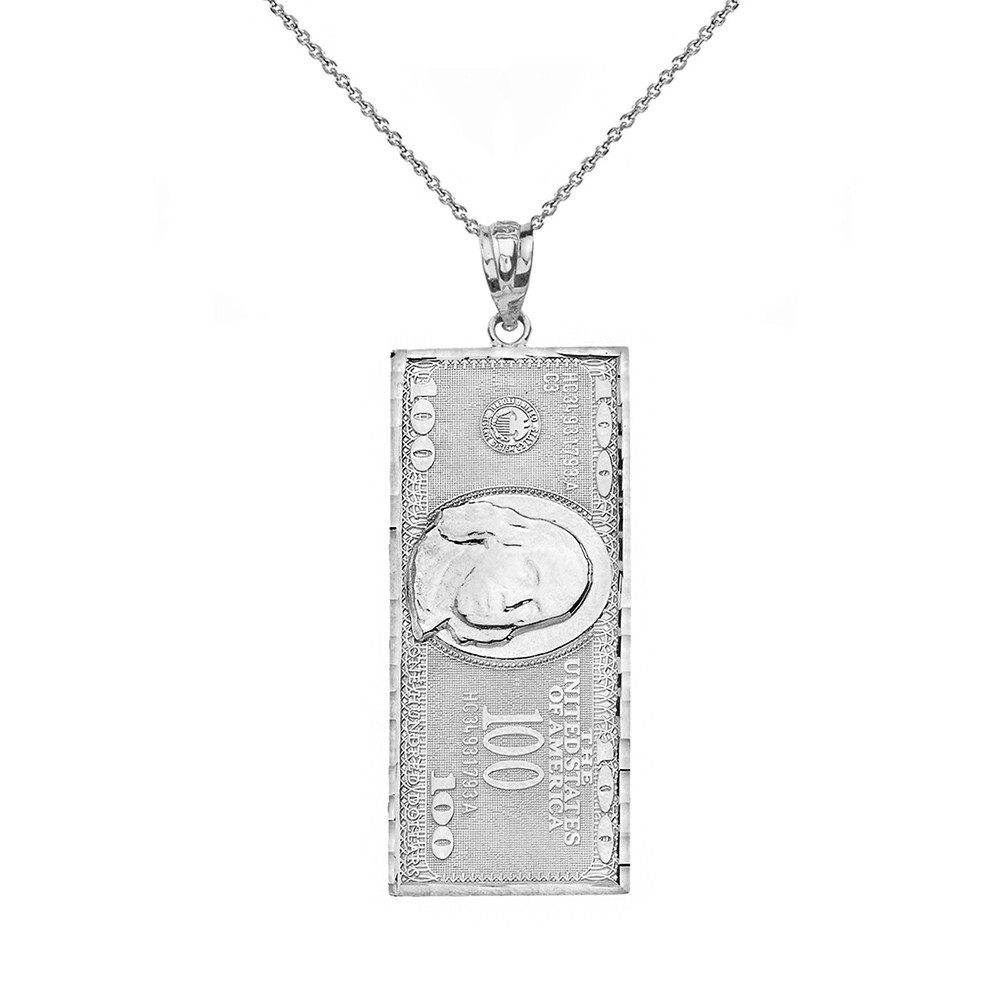 Sterling Silver United States Hundred Dollar Bill Pendant Necklace(Small)
