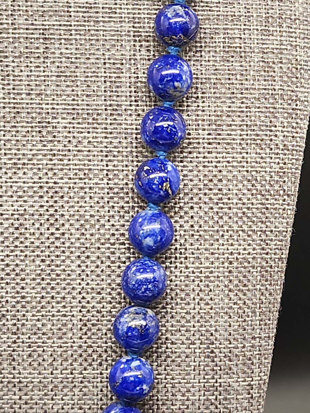 24” Natural Lapis Lazuli 8mm Bead Necklace Matinee Length Hand Knotted 14k Clasp