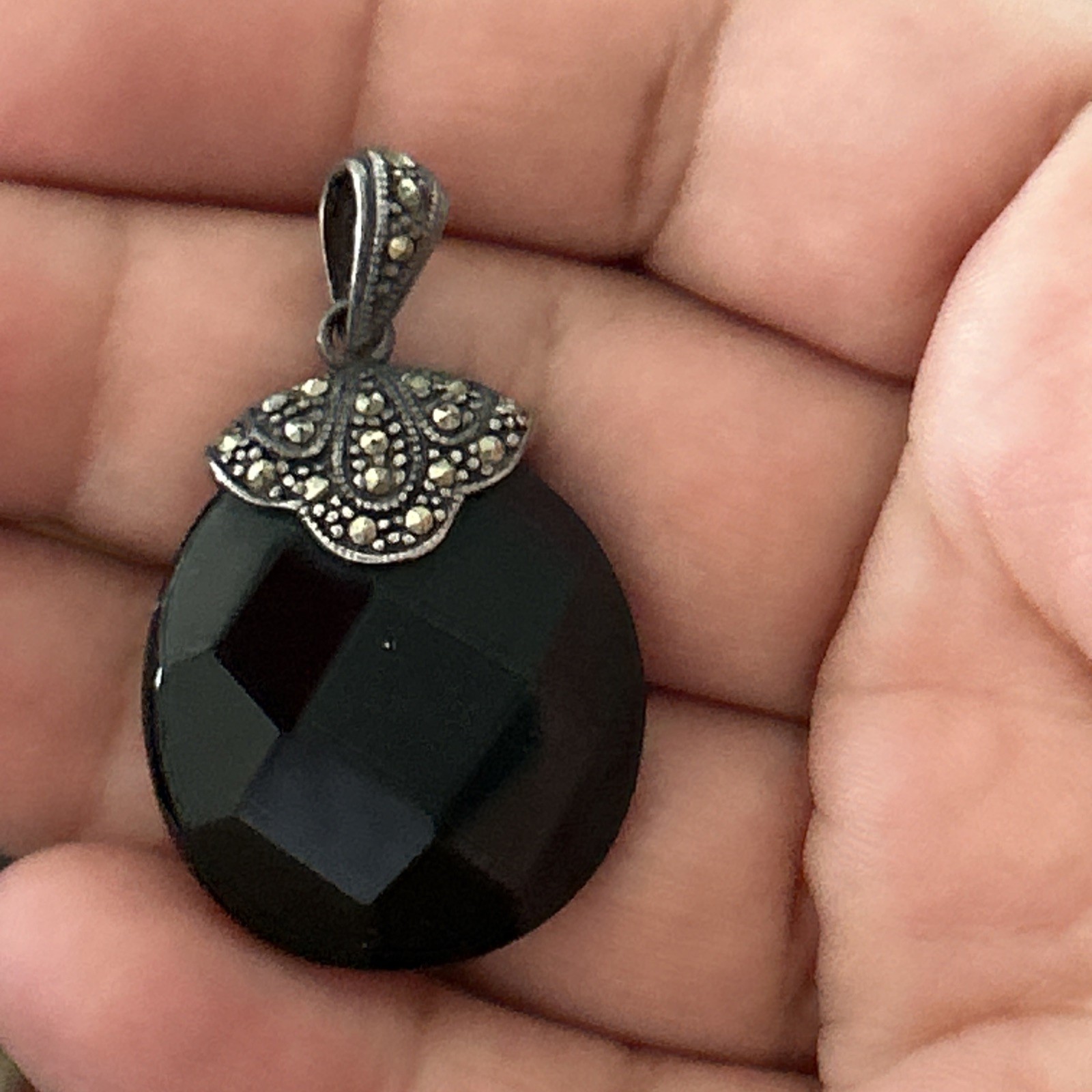 Sterling Silver Marcasite Black Faceted Stone Pendant
