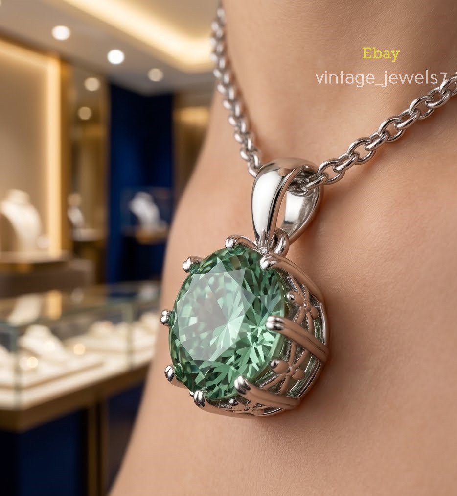 2CT Round Green Lab Created Diamond Solitaire Pendant 14K White Gold Finish