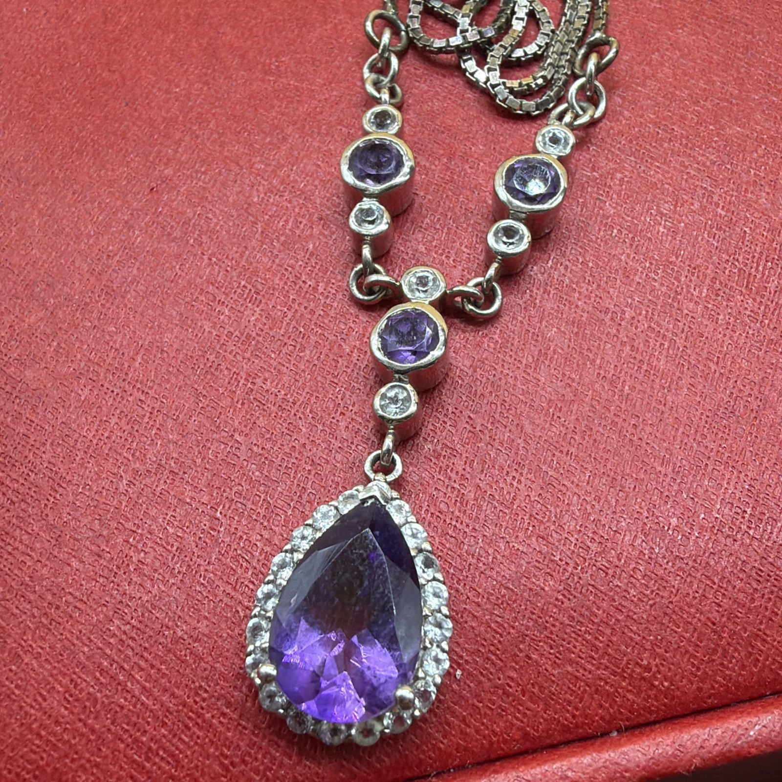 Beautiful Faceted Amethyst Teardrop Pave Halo Vintage Sterling Necklace 18”!