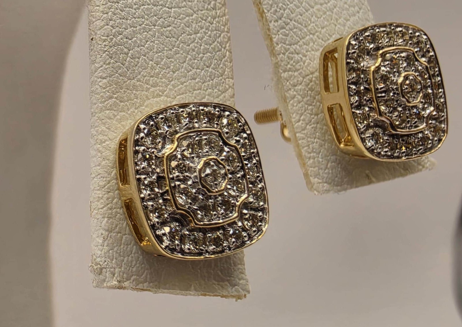 10K Yellow Gold Diamond Cluster Stud Earrings Pave Natural Diamond Square Cushio