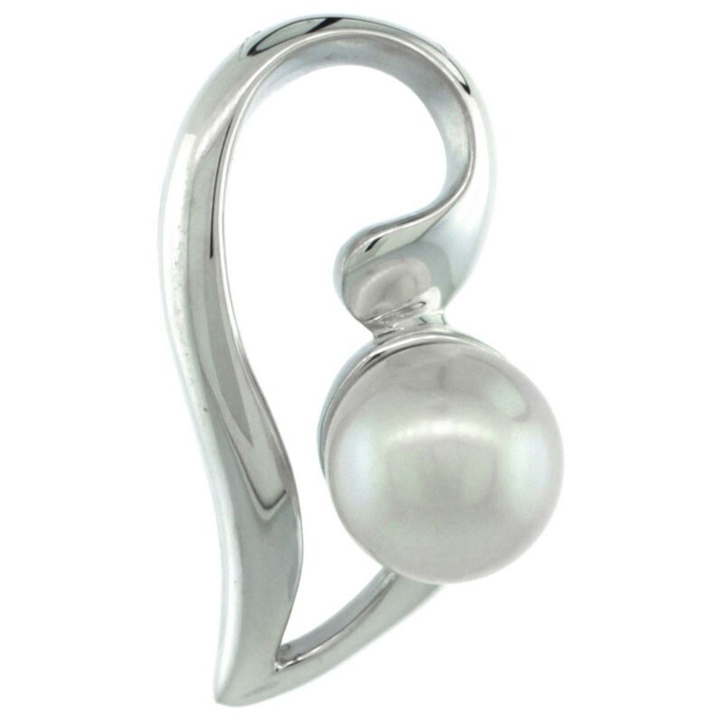 925 Sterling Silver Half Heart Pearl Pendant High Polished 7/8 Inch (22mm)