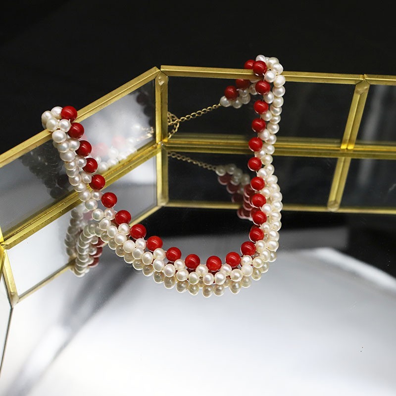 40cm/16in Hand-Kintted South Sea Red Coral/White 4-5mm Pearl Necklace 14K Gold p