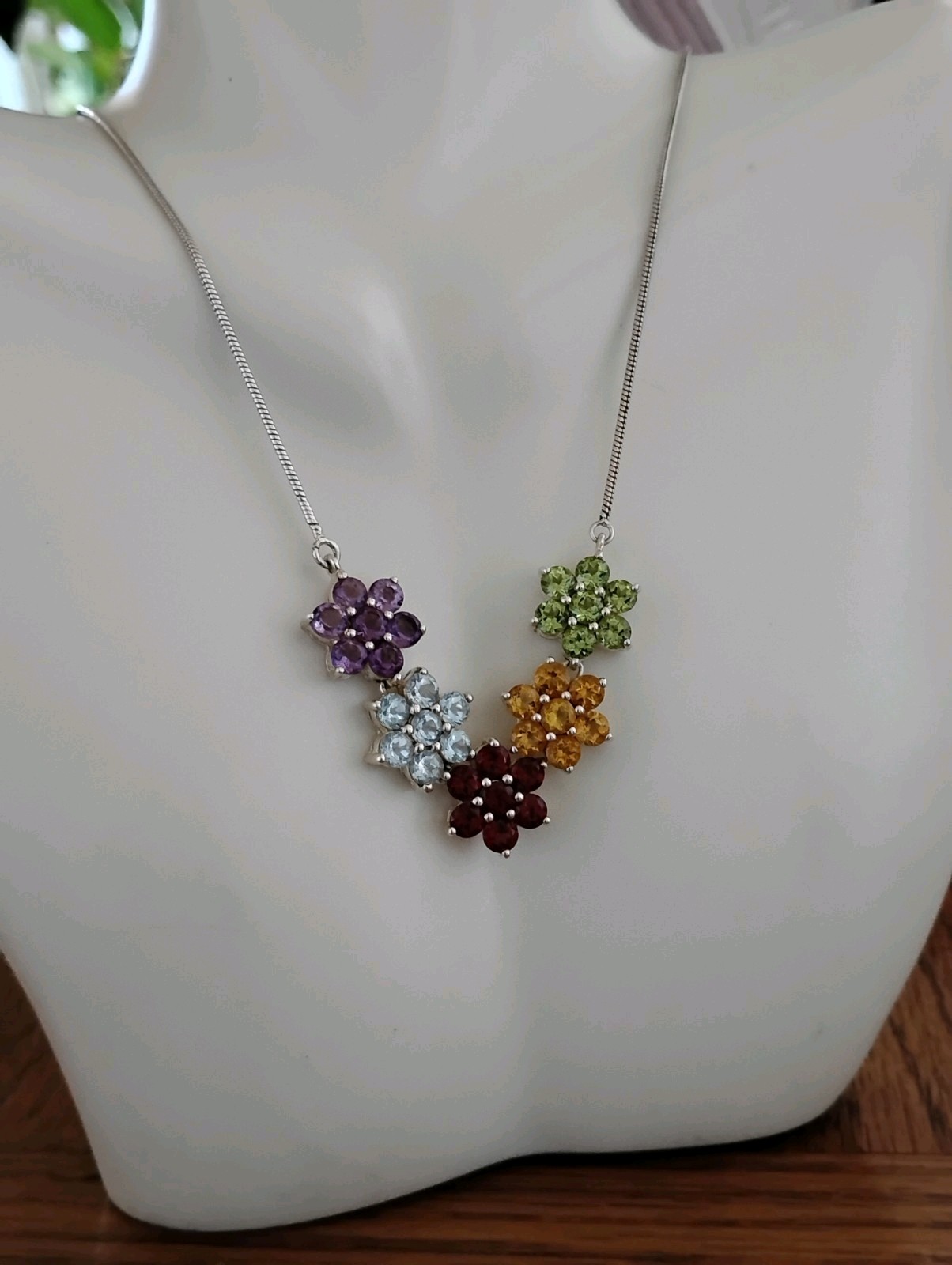 Thai Sterling Silver 925 Multi-Gem Floral Necklace Garnet Amethyst Topaz 20.5″