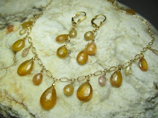 Sri Lanka Golden SAPPHIRE faceted briolette beads 14k Gold Filled Necklace set