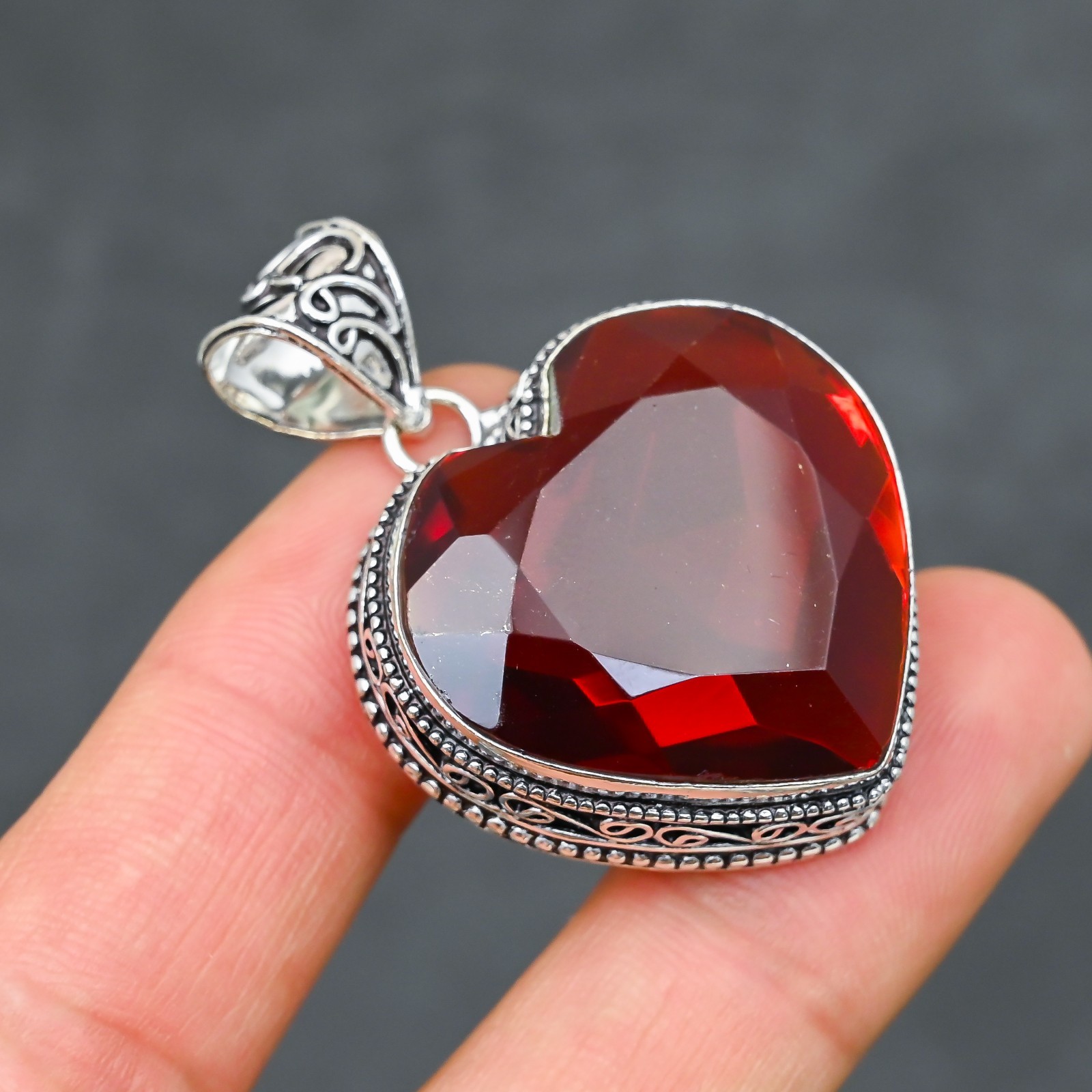 Red Garnet Gemstone 925 Sterling Silver Pendant Heart Handmade Jewelry Gift For
