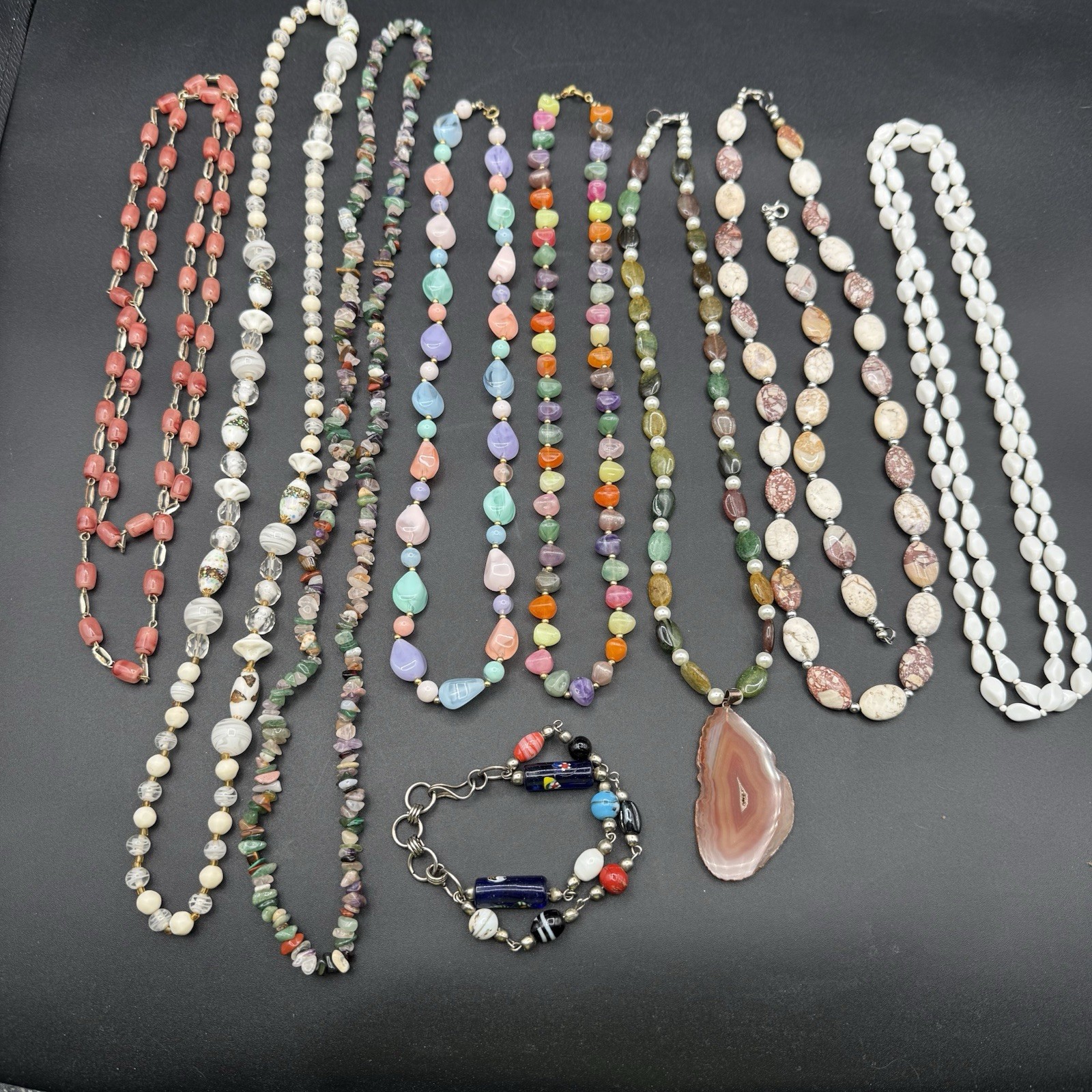Vintage Lot Of 8 Necklaces 2 Bracelets Stone Beads Costume Jewelry.