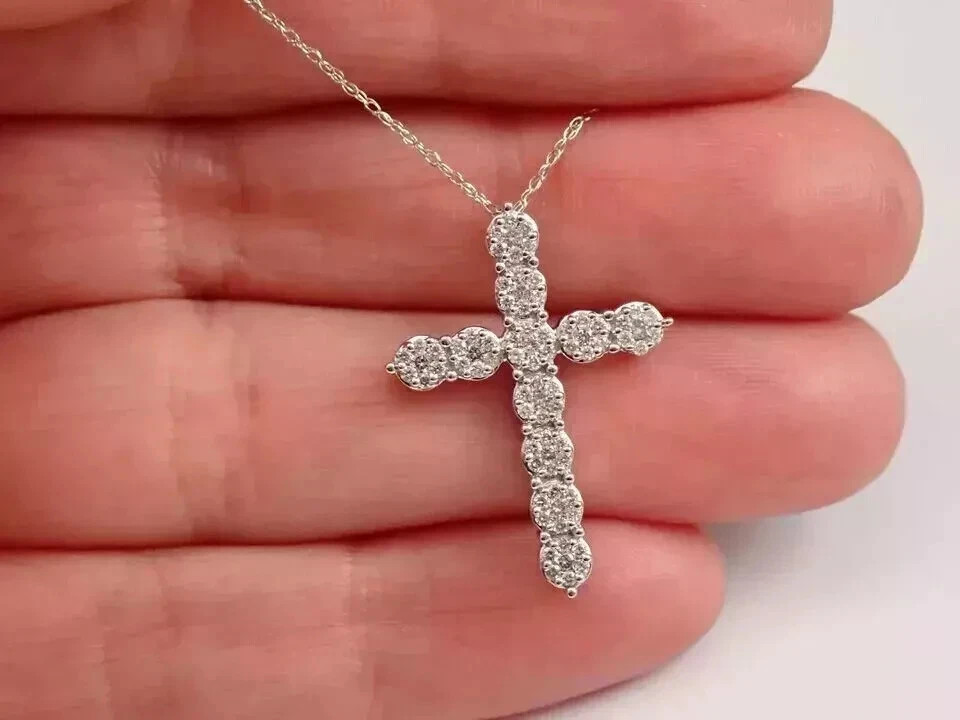 1.50 Ct Round Lab Created Diamond Cross Pendant 14K White Gold Plated Free Chain