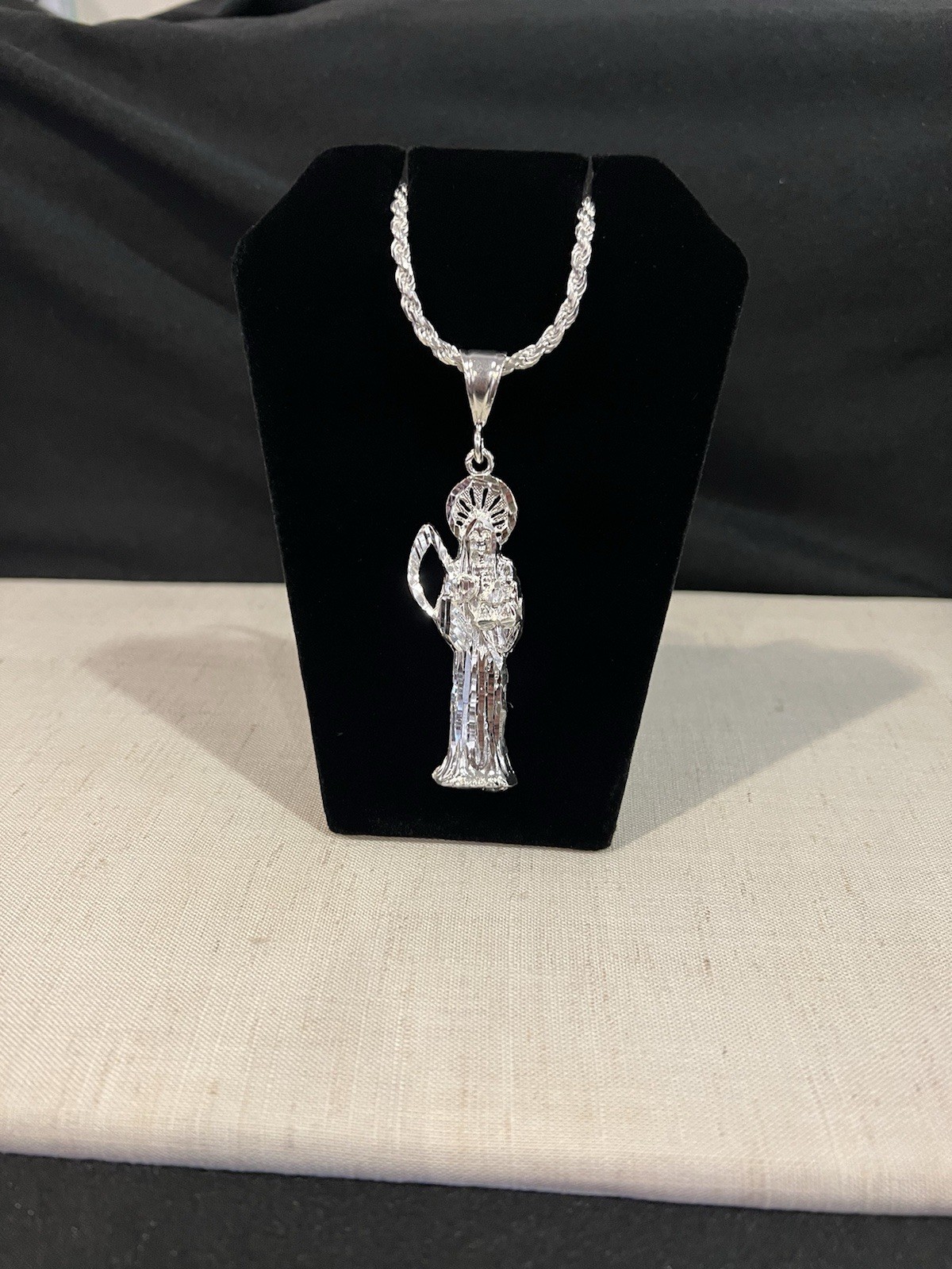 925 Sterling Silver Mens Womens Santa Muerte Grim Reaper & Rope Chain 20 26 30