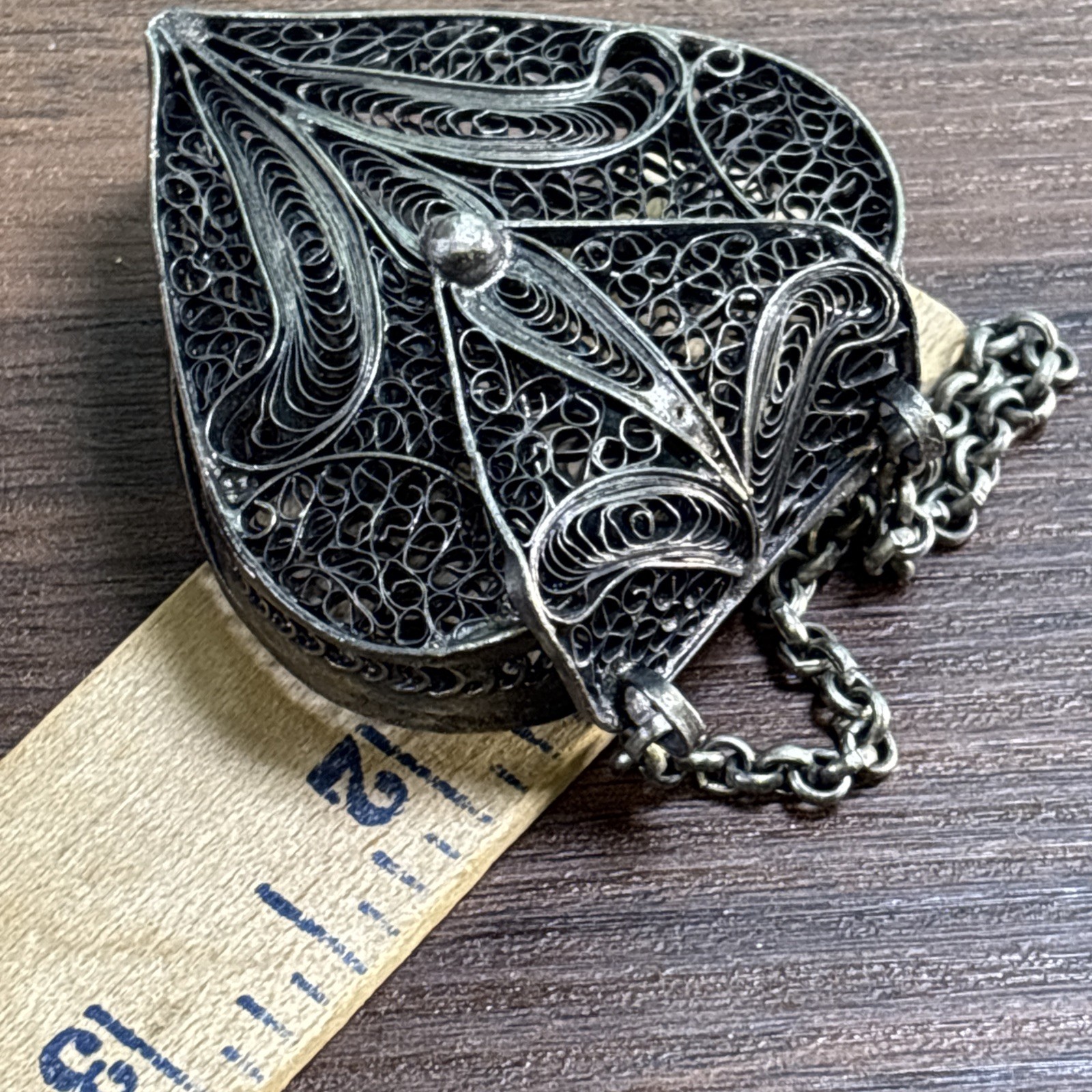 Hand Crafted Silver Filigree Hinged Heart Shape Pendant Locket Box 1.5″ x 1.5″