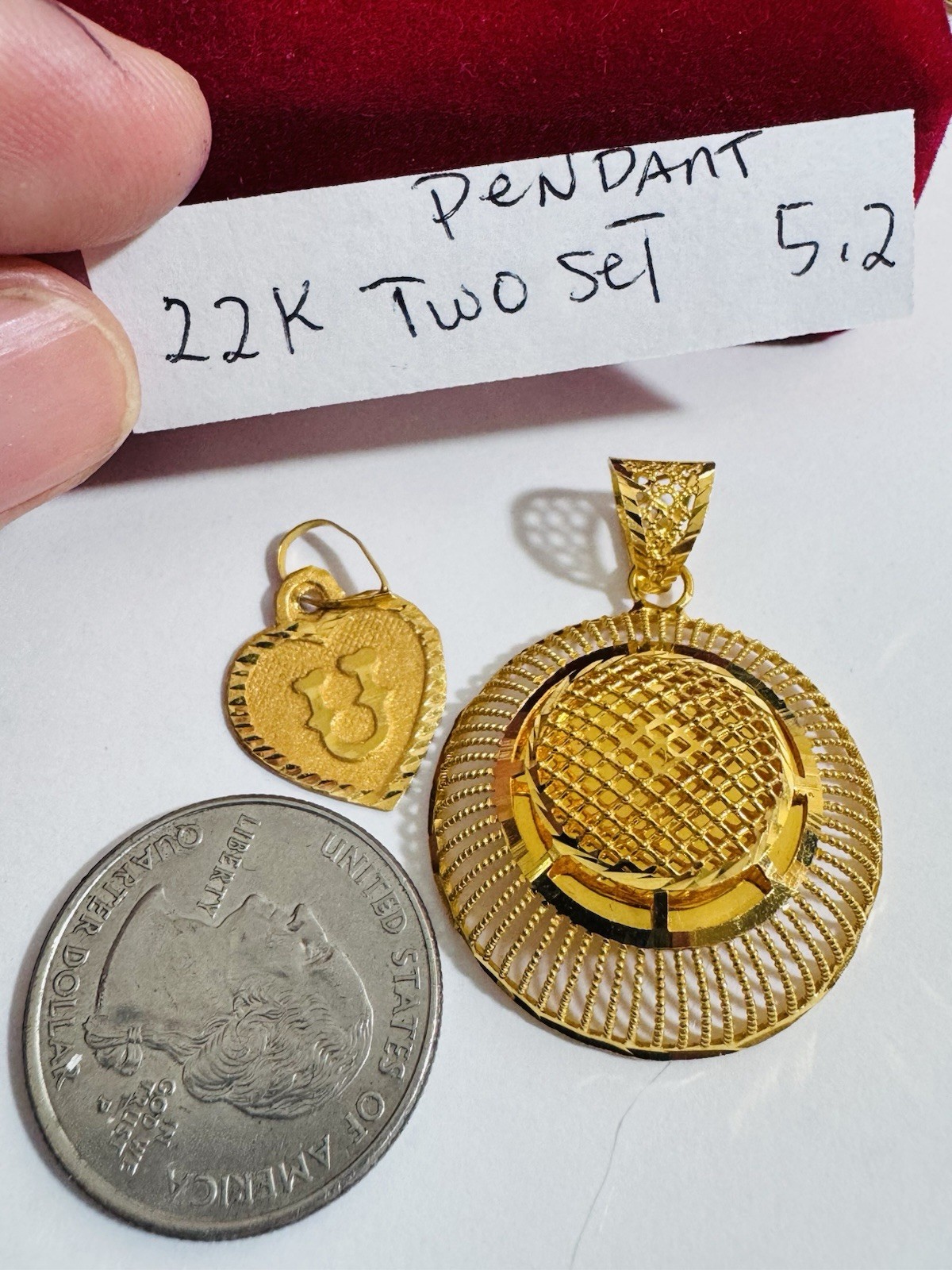 Rare 22K 916 Real Gold Two Set of Pendant U Heart & Round 5.2g