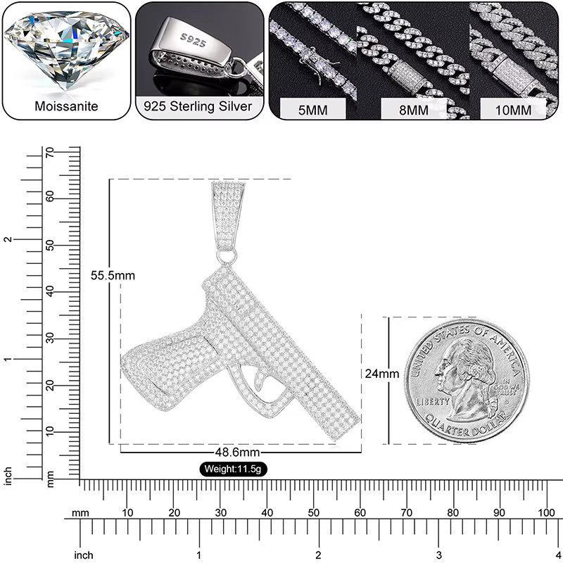 Iced Out Pistol Moissanite Pendant VVS 925 Sterling Silver Hip Hop Jewelry Men