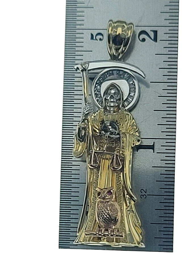 Santa Muerte Holy Death Grim Reaper Charm New 3D 2 In Long Pendant Real 14k Gold