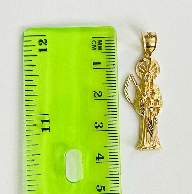 14K Solid Gold 1.5″ Grim Reaper, Holy Death Pendant-14K Gold Santa Muerte-PT1158