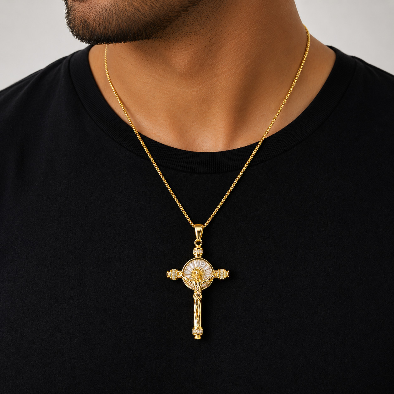 Italian 1/200 Iced CZ Baguette 14k Yellow Gold Oro Jesus Cross Crucifix Pendant