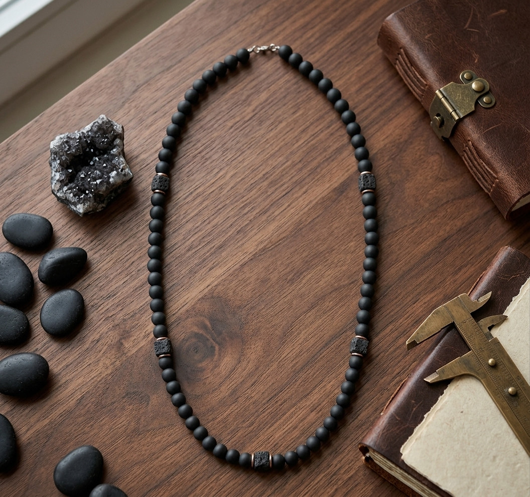 Men Black Onyx Lava Necklace | Balance Energy Rugged Edgy Casual Layered Jewelry