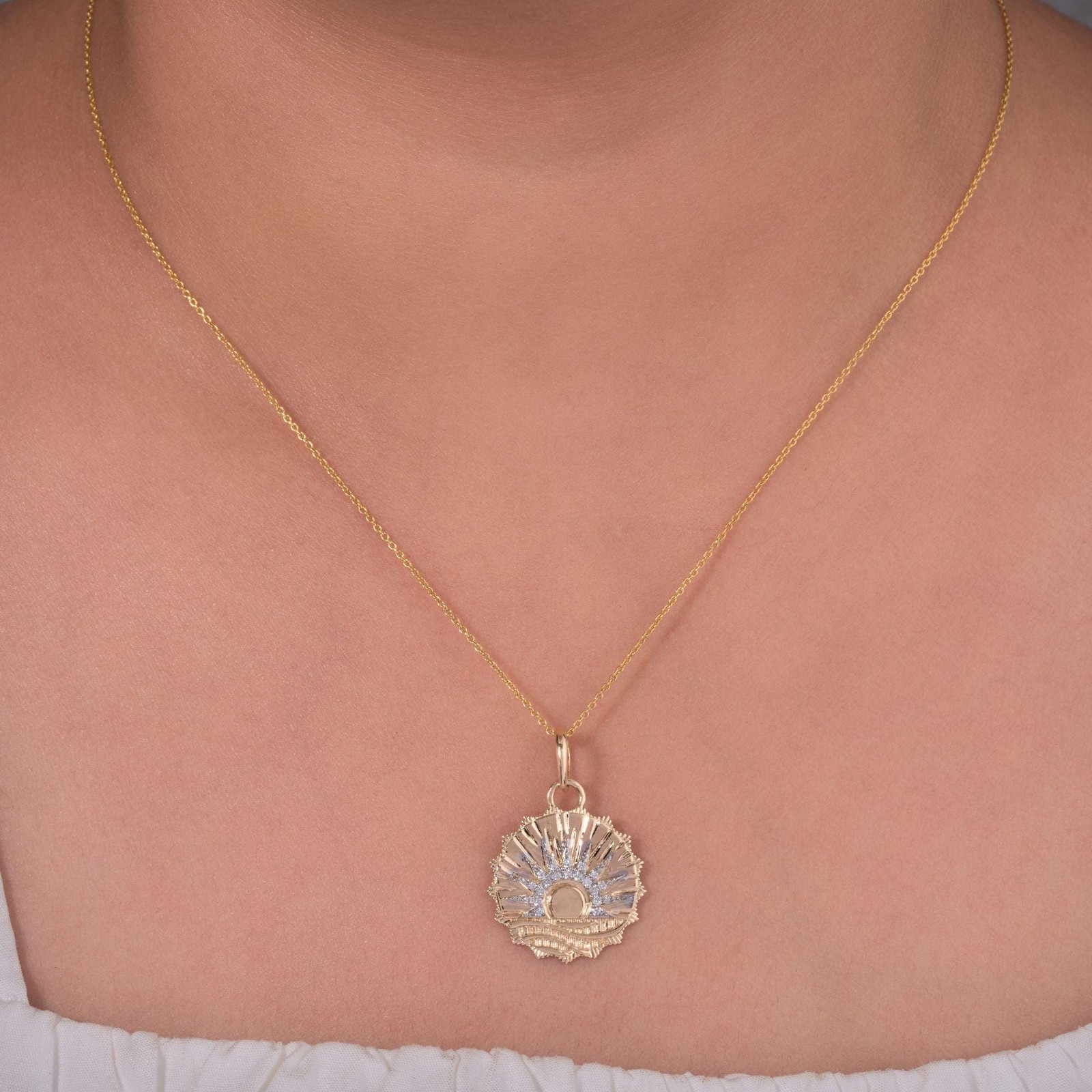 0.12 ct Natural Diamond Sunburst Pendant 14K Gold Solid Gold Layering Pendant