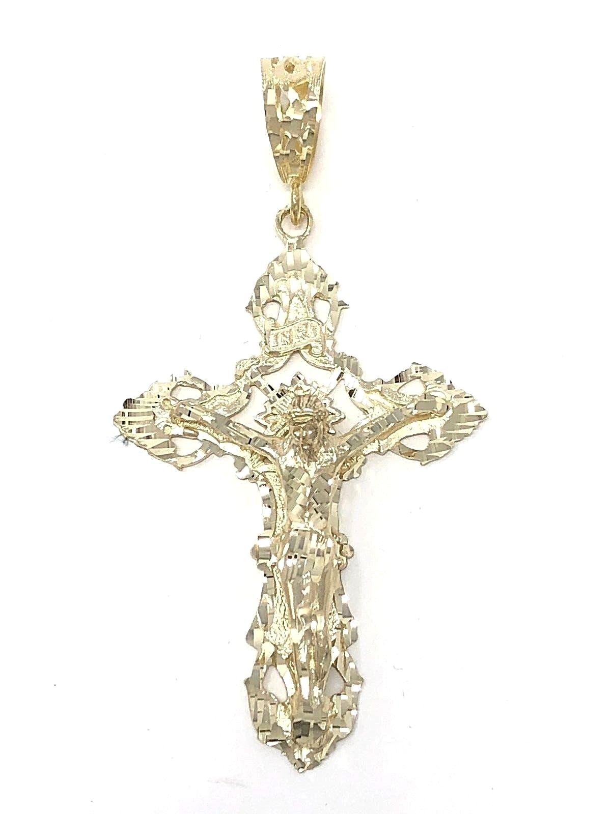 14k Yellow Gold Religious INRI Jesus Christ 3D Big Cross Pendant 3.36″ 16.4grams