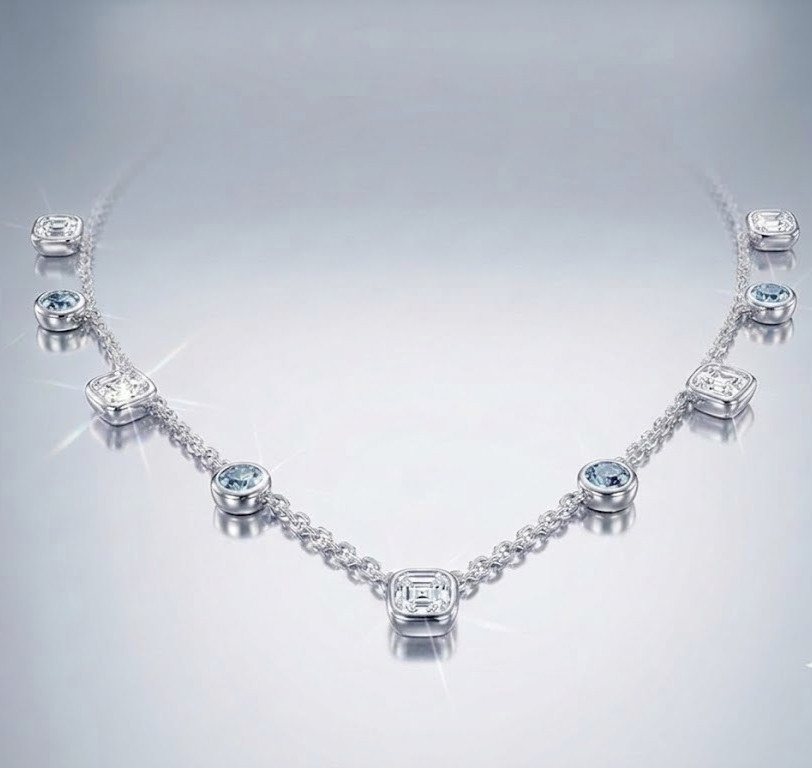 2.75 Ct White & Blue Diamond Chain Necklace-Great luster ! Free Tariffs & Studs.