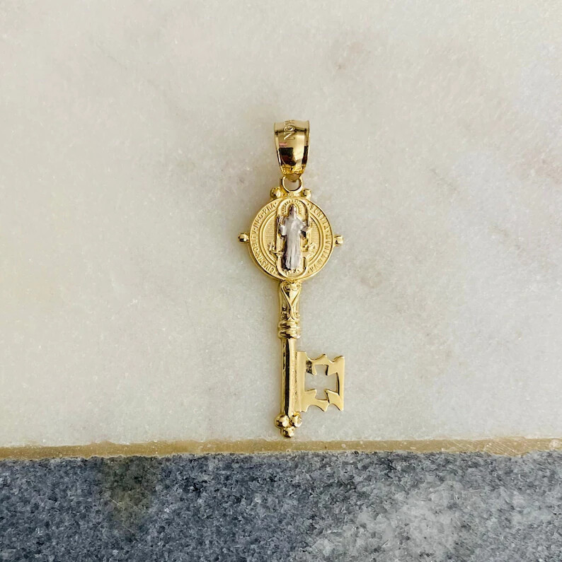 14K Solid Gold Saint Benedict Key Pendant, Real Gold Saint Benedict Key – PT0738
