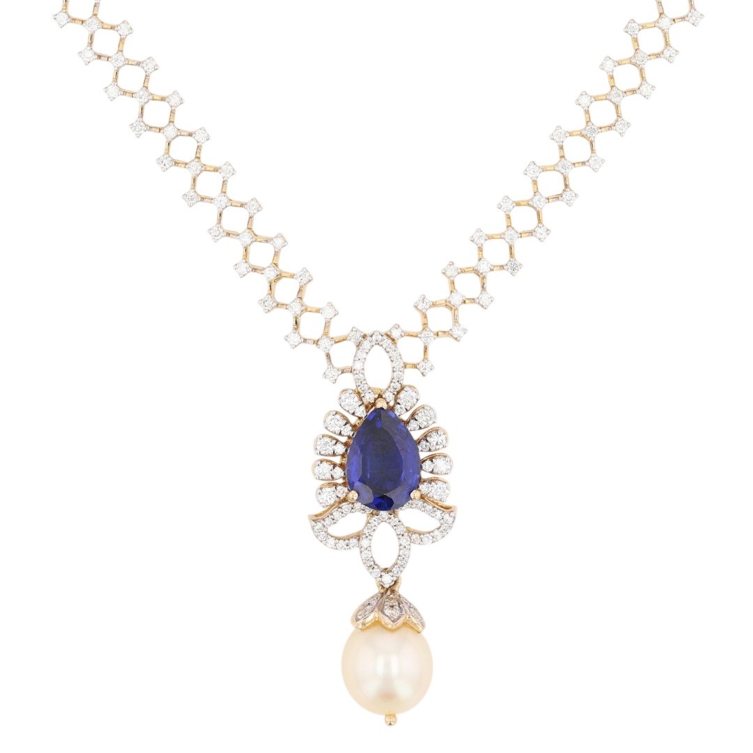 4.29ctw Diamond Pearl & Lab-Created Sapphire 17″ Lariat Necklace 18k Yellow Gold