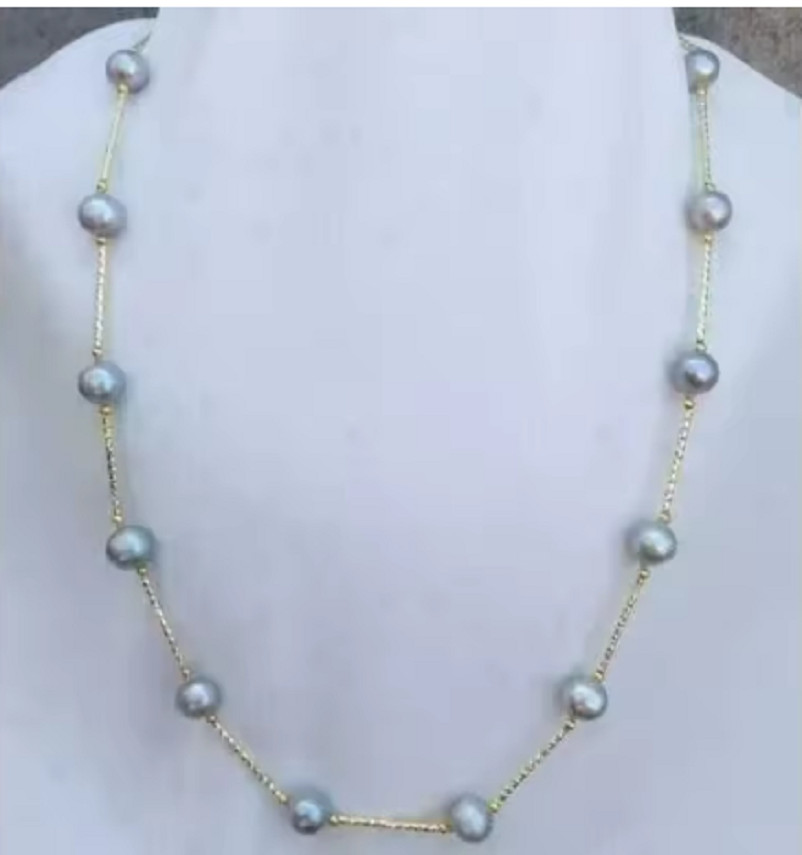 Beautiful Natural 8-9MM gray Akoya Pearl Necklace 18-30″ 14K Gold Clasp
