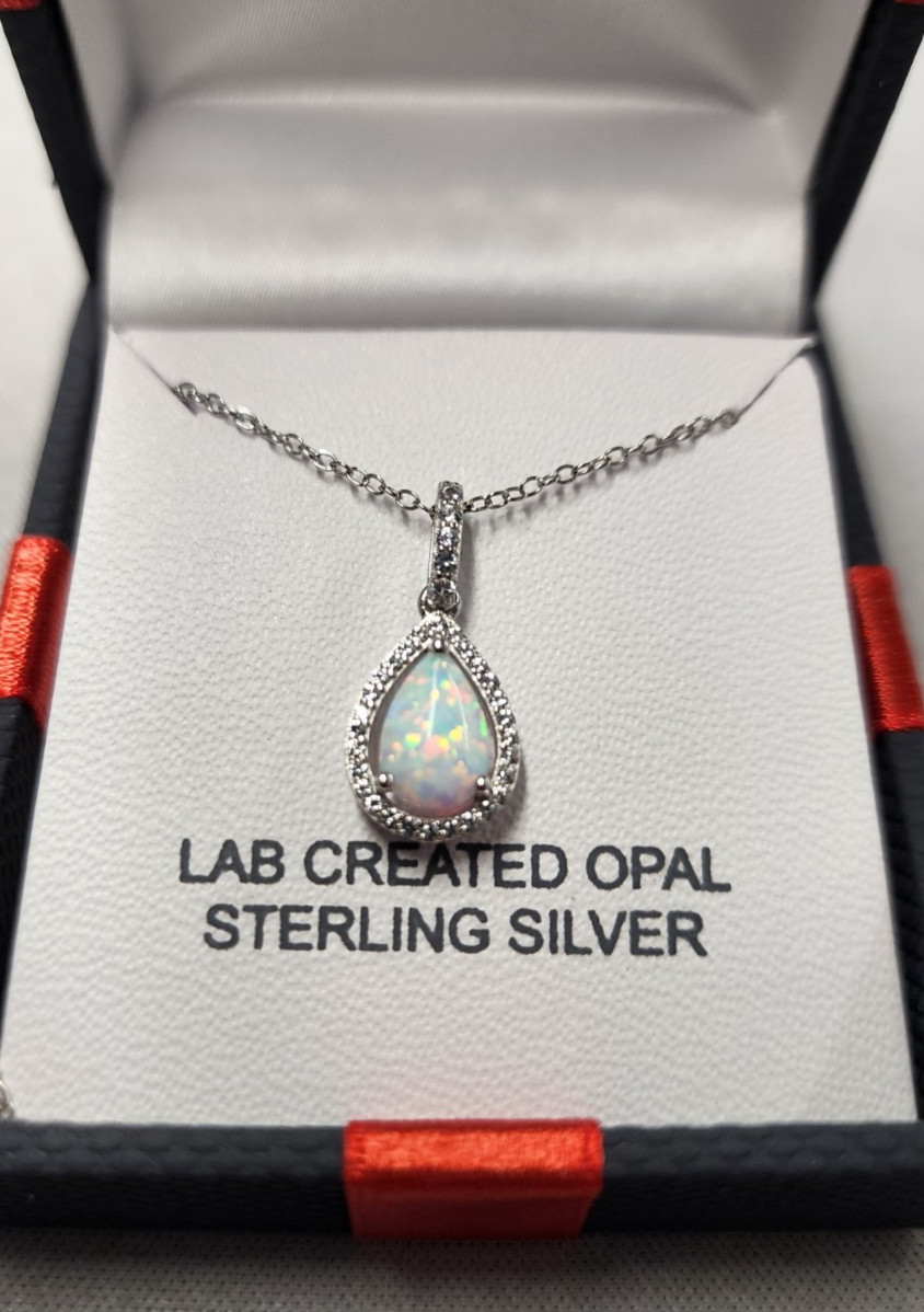 Yes, Please! Lab Created White Opal Pear Pendant Necklace 18″ Sterling Silver
