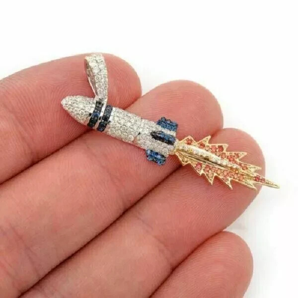 2.50 CT Blue Diamond Rocket Pendant Hip Hop Men’s Jewelry 14k White Gold Finish