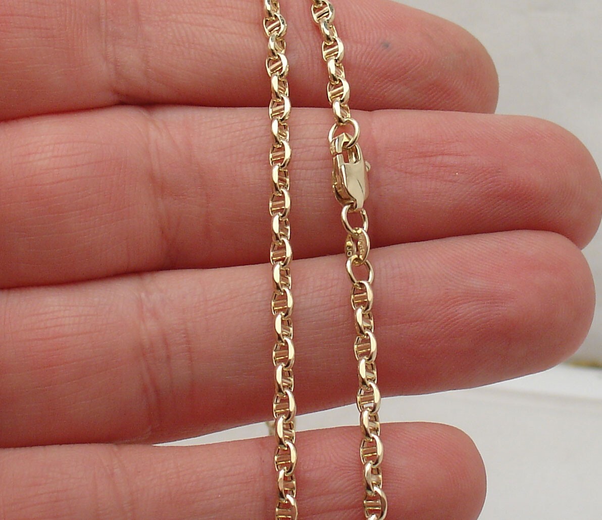 3mm Unisex All Shiny Mariner Anchor Link Chain Necklace Real 14K Yellow Gold