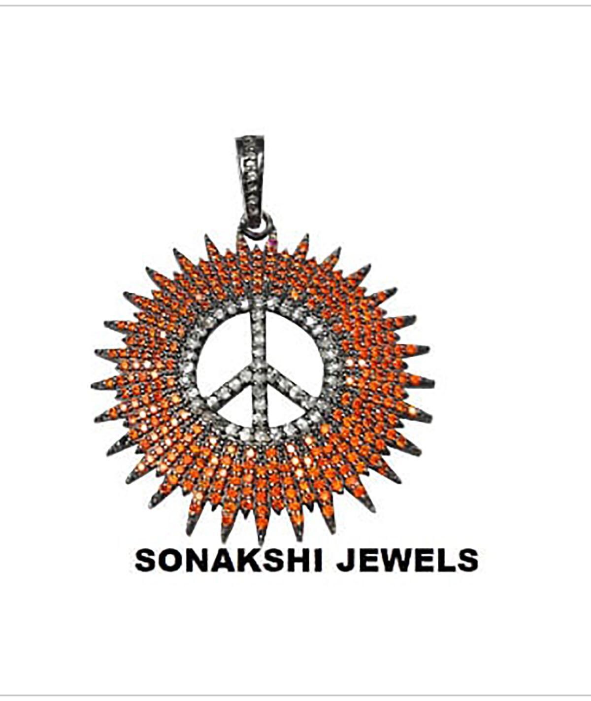 Pave Diamond Peace Sign Pendant: Orange Cubic Zircon, Sterling Silver Pendant