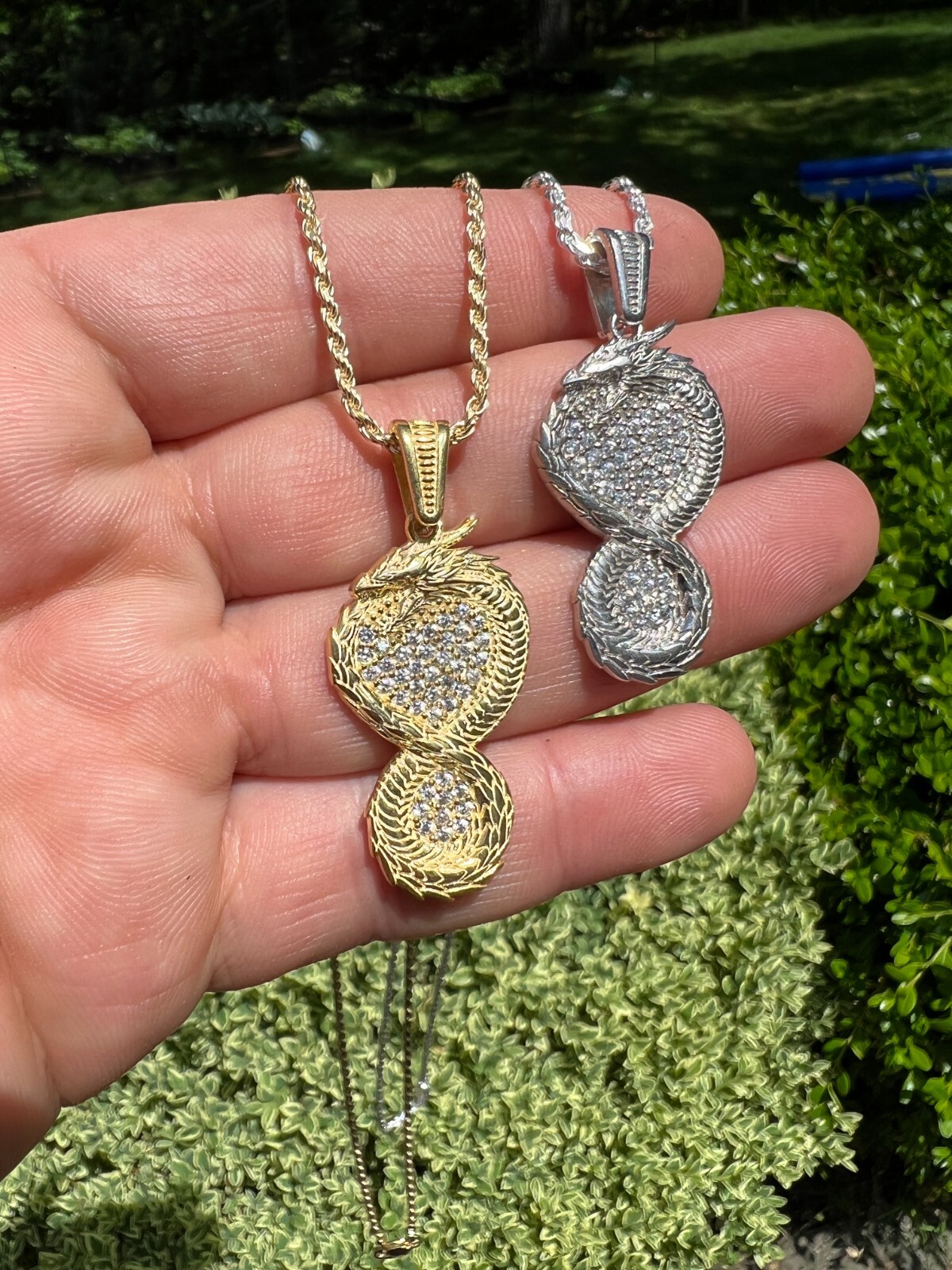 Real 925 Silver / 14k Gold Plated Dragon Infinite Flame Pendant Necklace Iced CZ