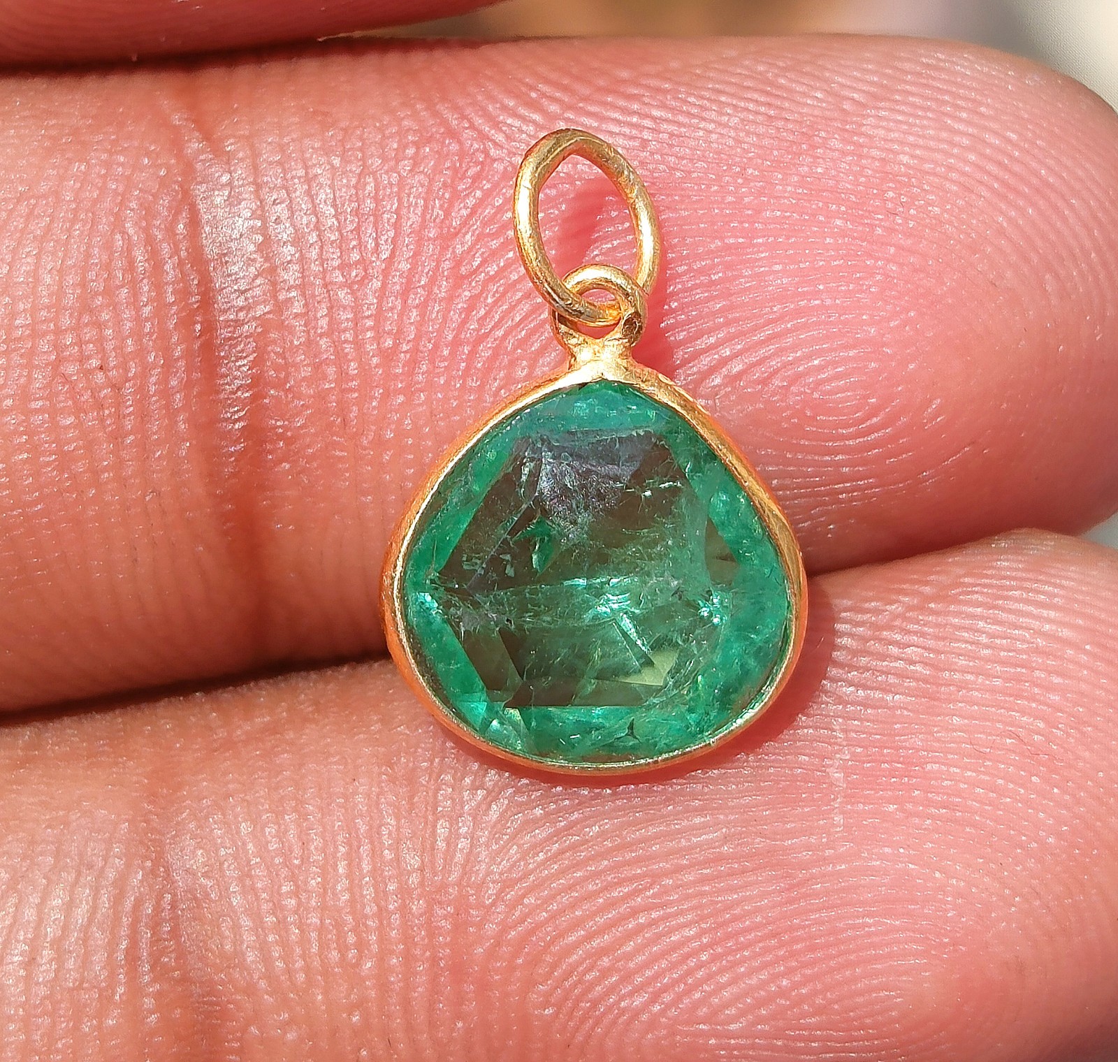 Pear Emerald Gold Charm Pendant -18k Solid Gold Handmade Necklace Gemstone Charm