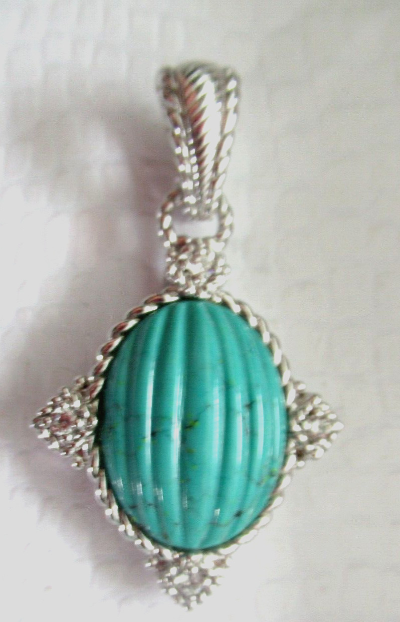 JUDITH RIPKA 925 SS CARVED TURQUOISE DIAMONIQUE CZ PENDANT ENHANCER GIFT BOX