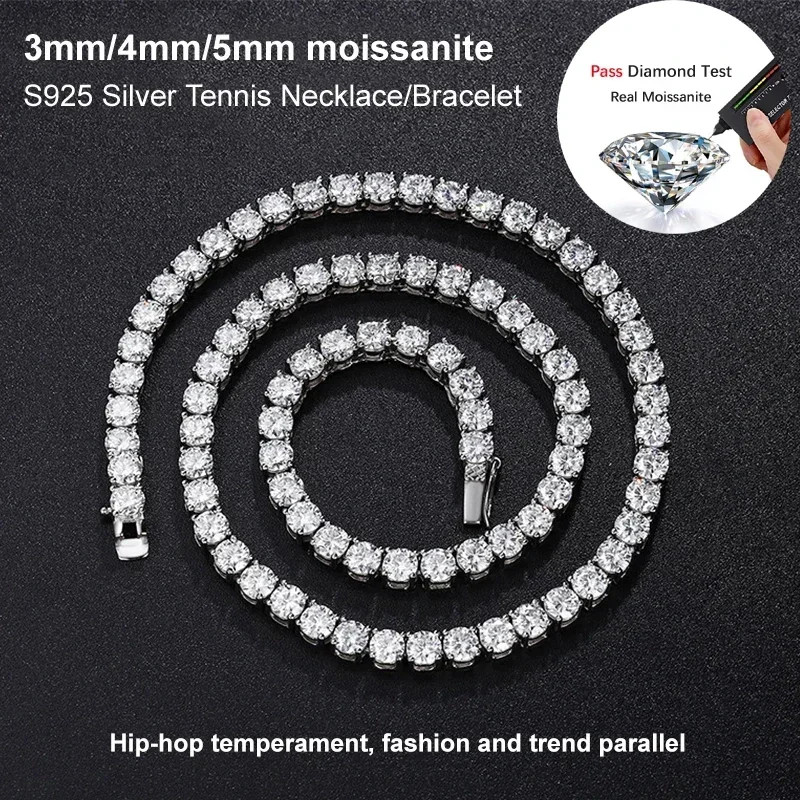 US 4mm D VVS1 MOISSANITE Tennis Chain Necklace – 925 Sterling Silver – Men Women