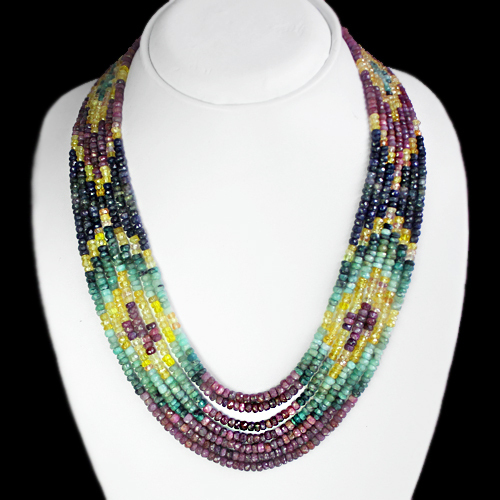 MOST AMAZING 7 LINE 563.00 CTS NATURAL RUBY, EMERALD & SAPPHIRE BEADS NECKLACE