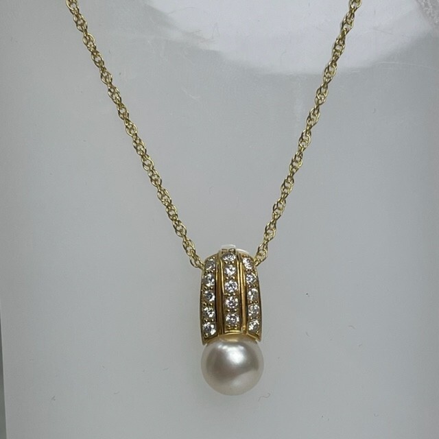 Sterling Silver Round 8.5mm Pearl and CZ Pendant Necklace 14kt Yellow Gold Plate