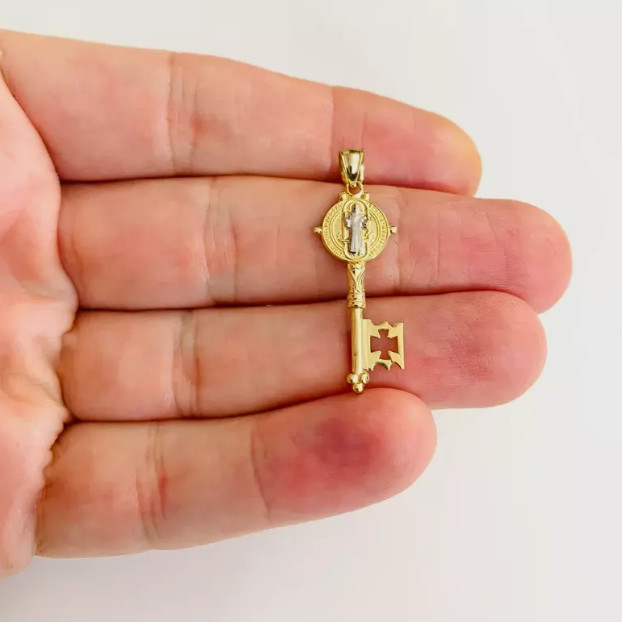 14K Gold Plated Saint Benedict Key – 1.3″ Pendant 925 Sterling Silver San Benito