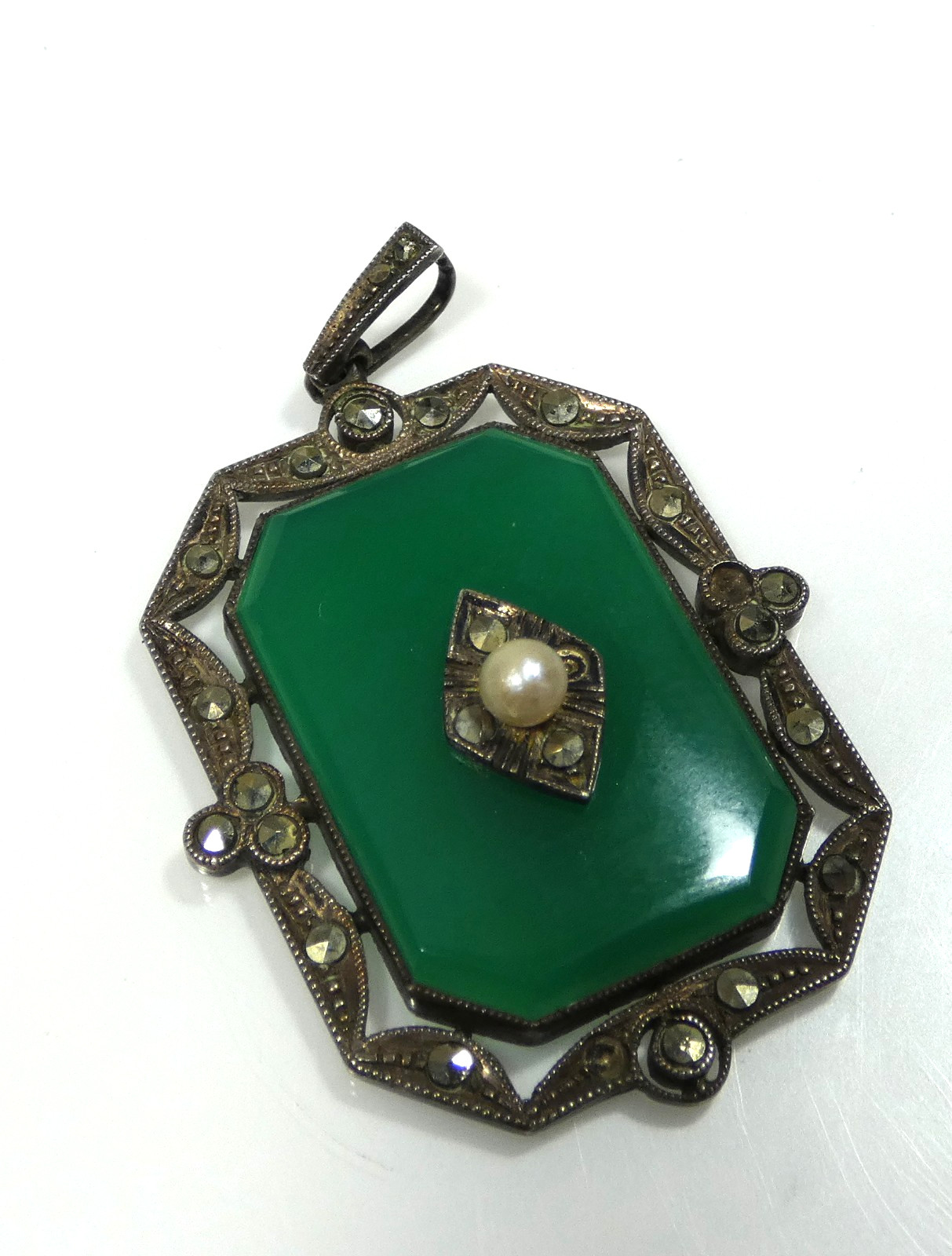 Vintage 1920’s Art Deco Green Onyx, Marcasite, and Pearl Sterling Silver Pendant
